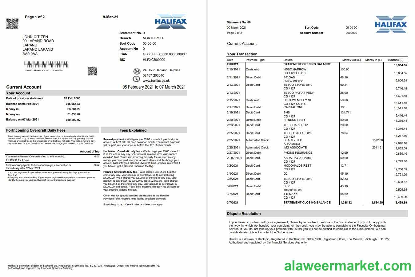 United Kingdom Halifax bank proof of address statement template in Excel and PDF format (2 pages)